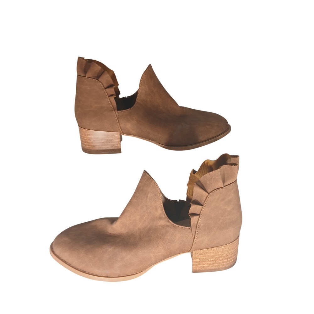 Ruffle Cutout Ankle Boots‎ 8 Tan Faux Suede Boho Block Heel Booties Cottagecore